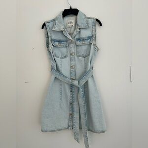 Zara Sleeveless Denim Dress with Waist Tie